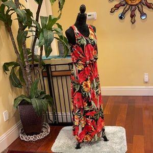 Colors of coral red green & yellow maxi dress.